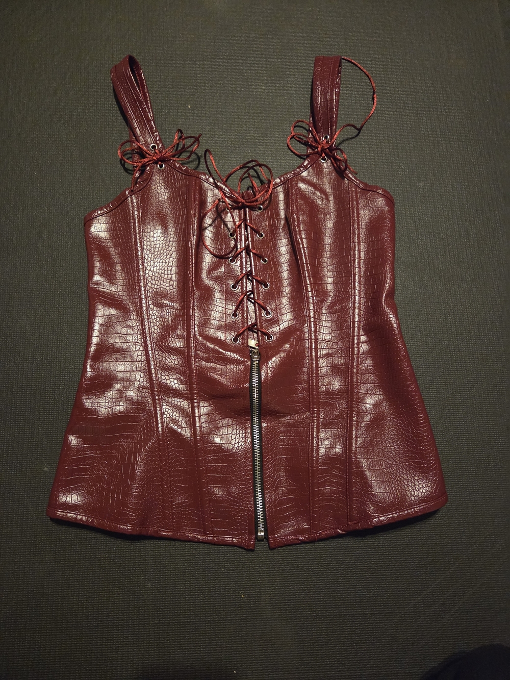 Wine Red Faux Leather Lace-Up Corset Top